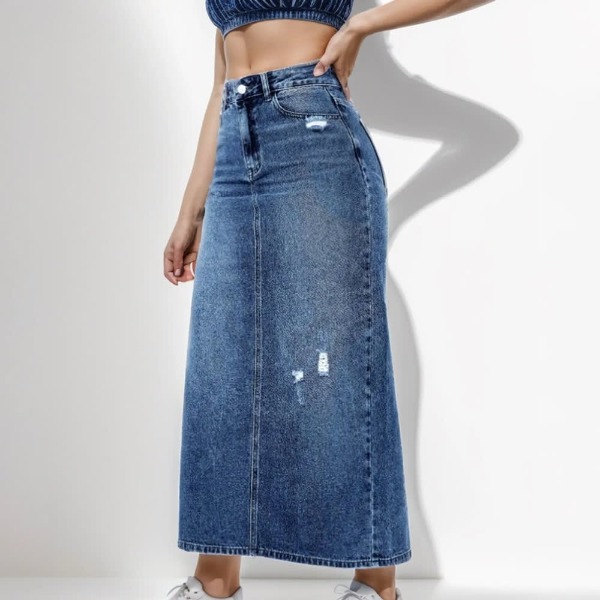 2023 Women's High Waist Denim Straight Skirt - Office Lady Black/Blue Midi Jean Skirt